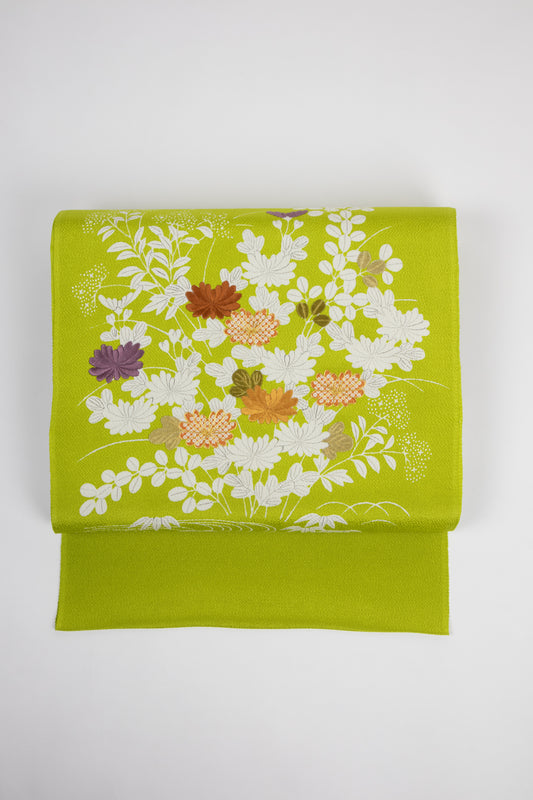 ぎをん齋藤の御所解帯 秋草づくし 鶸地 縮緬